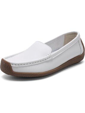 Women's White Comfortable & Lightweight Leather Loafers Slip-On Flats Shoes